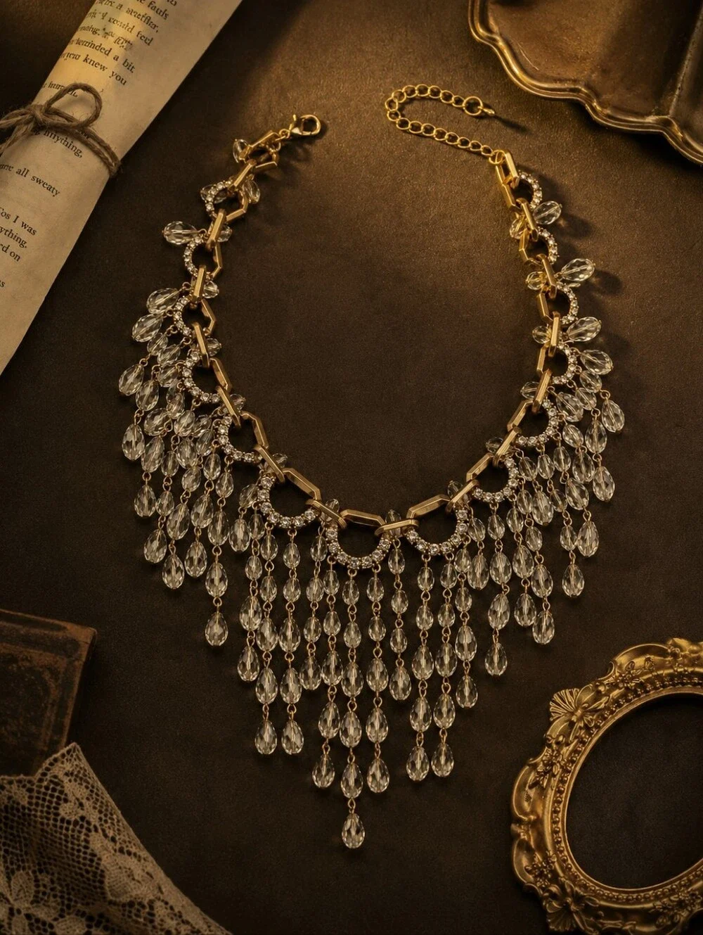 Statement Gold Necklace with Clear Crystal Fringe - Women's Jewelry